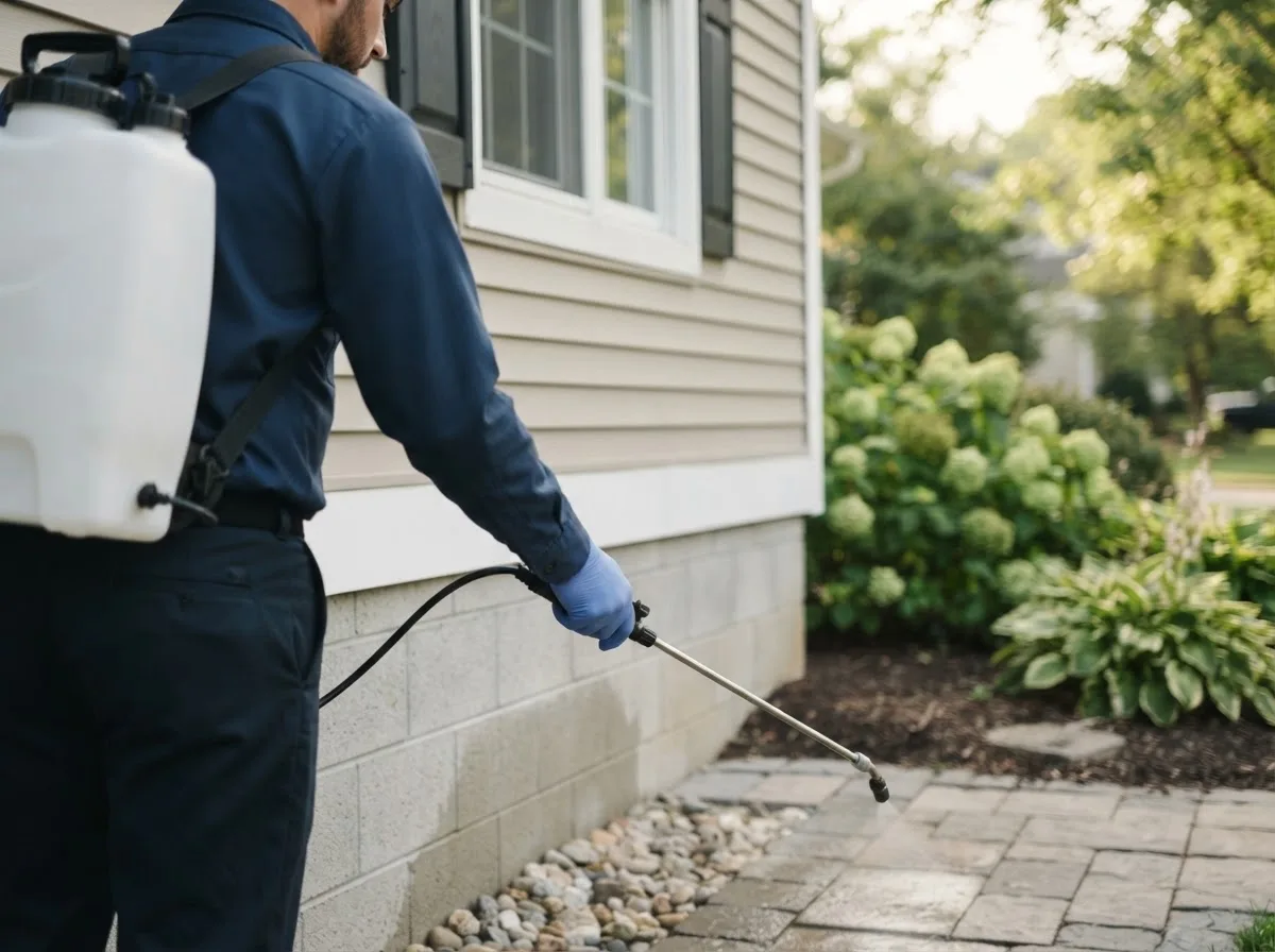 Pest control technician inspecting a home in Julesburg, CO